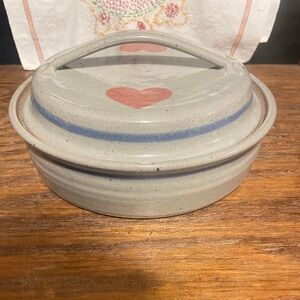 Vintage Stoneware Casserole / Pie Dish Mixing with Lid 2 Hearts and Blue Stripes